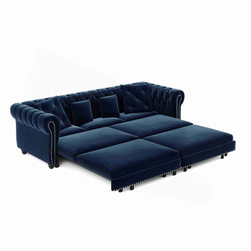Canapé Chesterfield, canapé-lit gigogne 3 en 1 de 89 po, canapé-lit convertible, canapé-lit très grand, méridienne, canapé en velours 3 places avec repose-pieds mobile, conception capitonnée, bleu