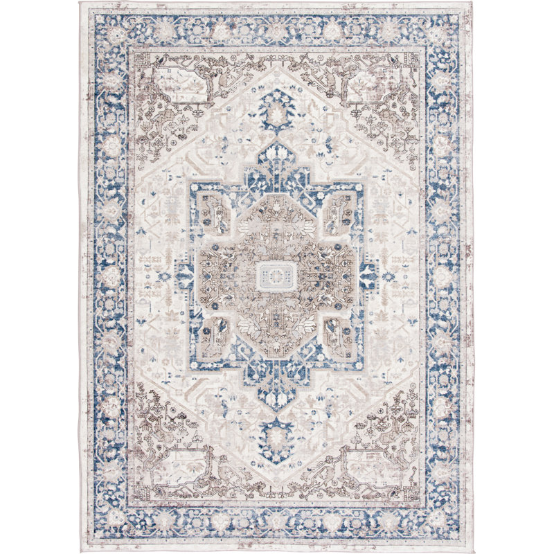 Tapis oriental ivoire / gris / bleu touffeté Waban, Rectangle 7 pi 10 po x 9 pi 6 po