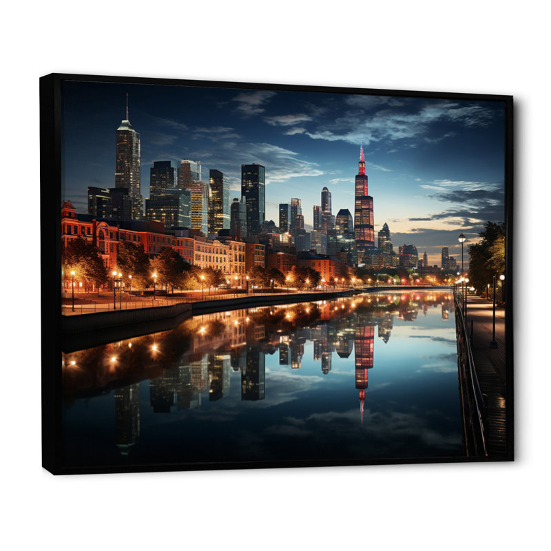 «Chicago Cityscape By Night I», reproduction sur toile, H 30 po x l 40 po x P 1,5 po, Cadre flottant noir