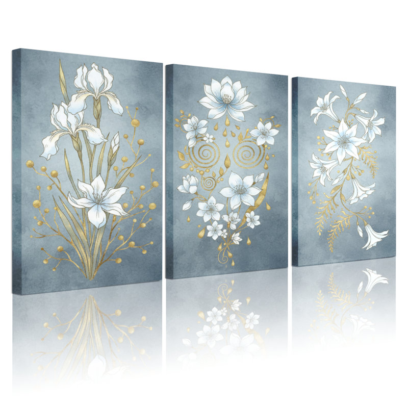 Ensemble de 3 tableaux sur toile tendue, à motifs floraux blancs et accents dorés, H 18 po x l 36 po