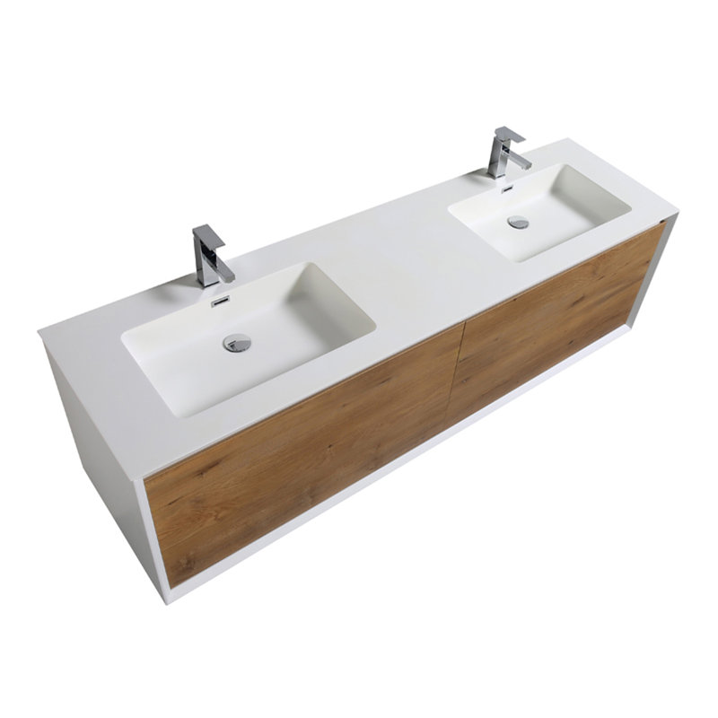 Ensemble de meuble-lavabo double mural 75 "avec miroir Daijon, Blanc / bois