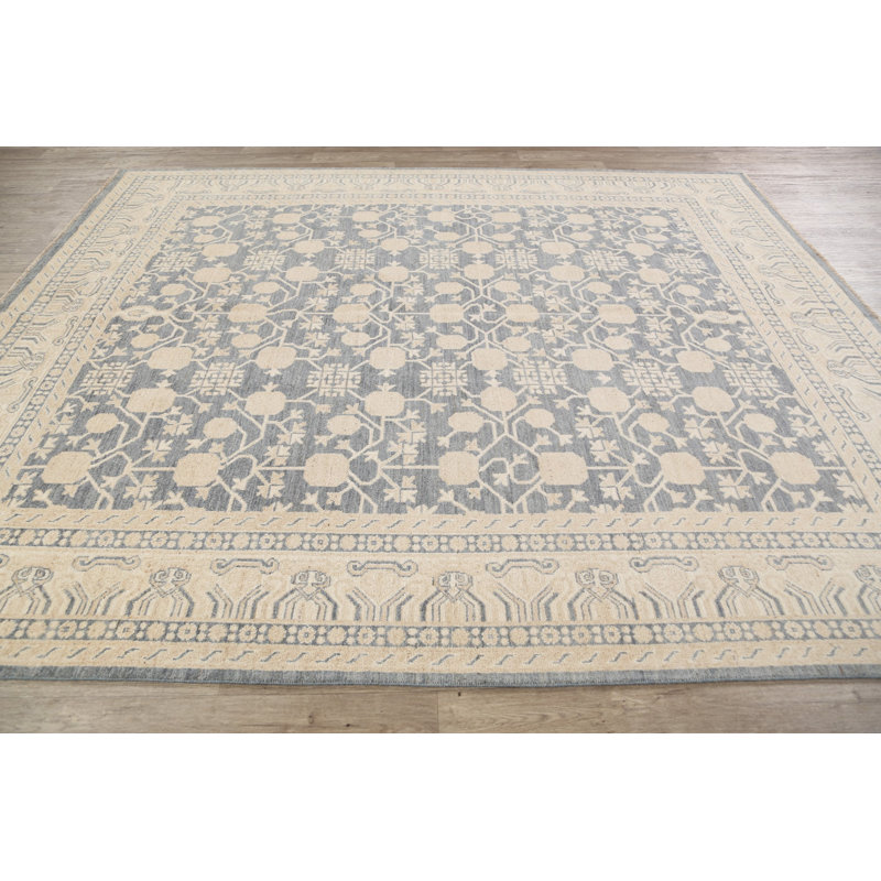 Tapis décoratif en laine noué à la main de conception unique de style Khobrun/Ivoire 8 pi 1 po x 9 pi 7 po New Age