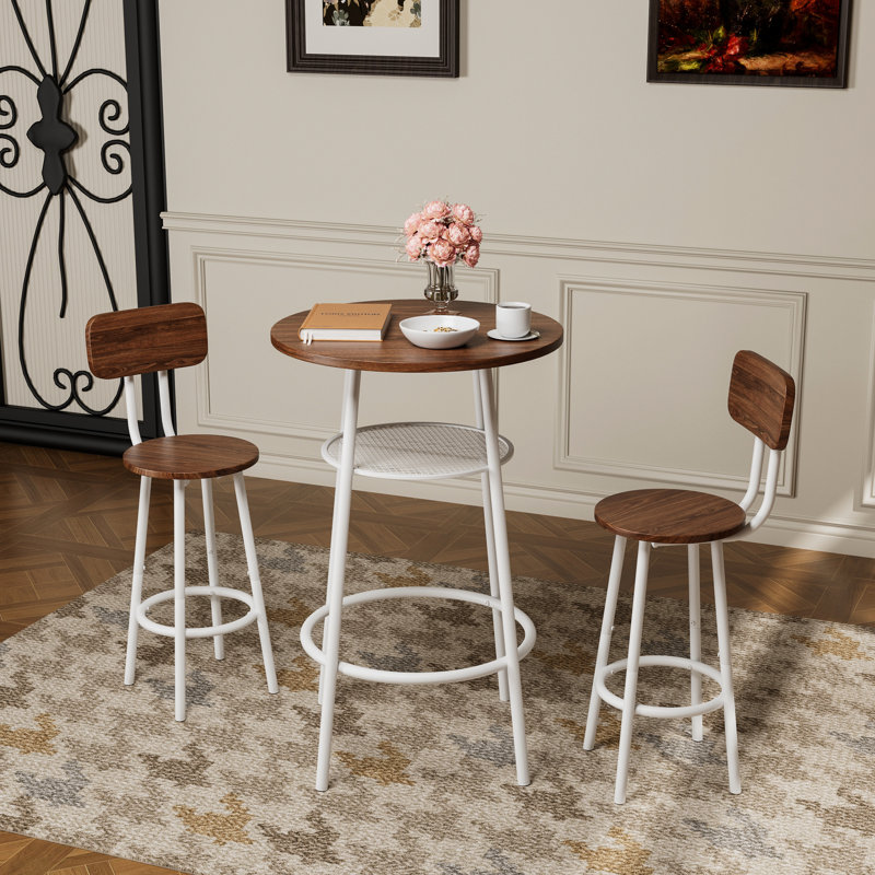 Ensemble repas 3 pièces pour le petit-déjeuner, table ronde avec 2 tabourets, ton de bois brun, structure en métal noir mat, pieds de tabouret réducteurs de bruit, barre de montage rapide et installation sur balcon, comptoir de 36 po, doux