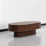 NTC STREAM DOU Coffee Table Modern Double-Layer Oval Wooden Center Table with Vertical Groove Design, Stylish Living Room Decor, Contemporary Minimalist Style for Home and Office, Easy Assembly