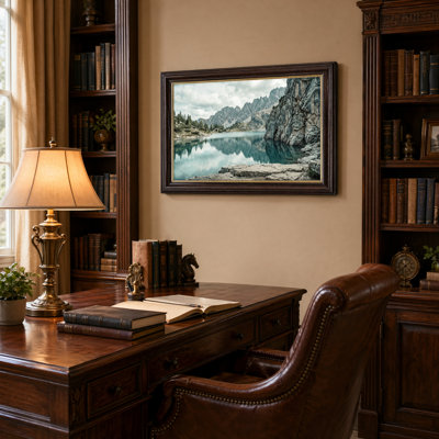 Art mural antique sur toile encadré doré pour le salon, la chambre à coucher, le bureau ou le vestibule - décoration murale décorative avec lac de montagne
