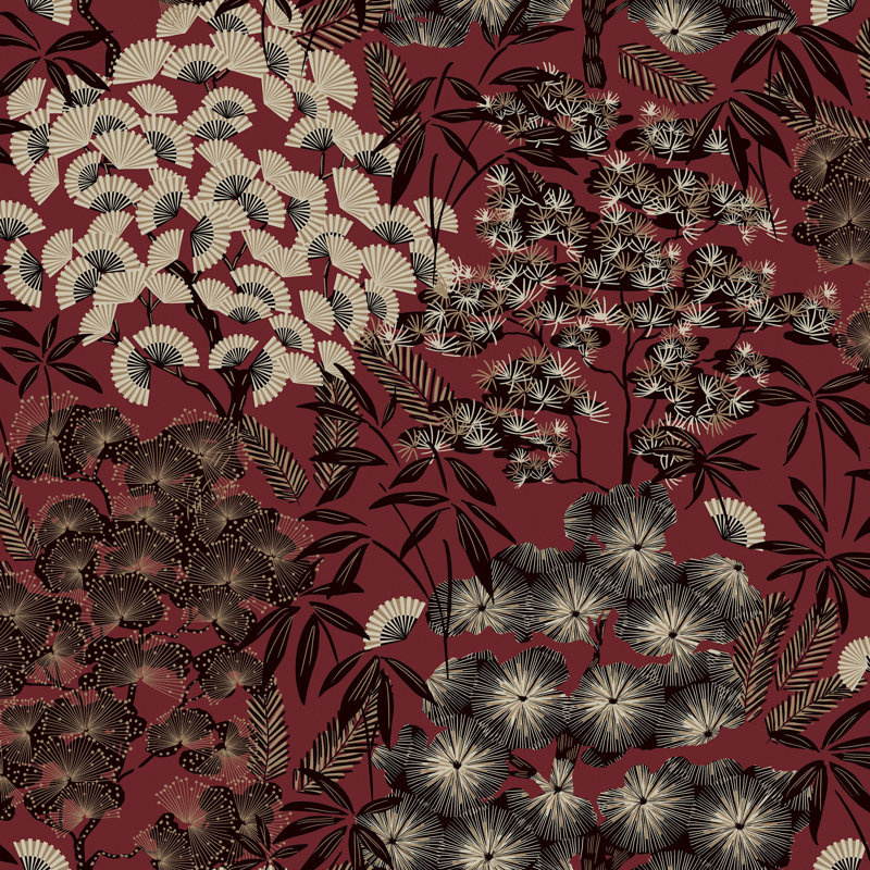 Papier peint oriental feuilles tropicales, Rouge