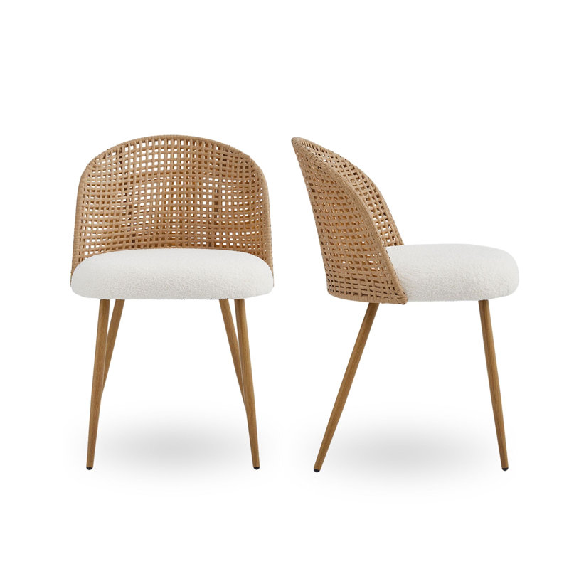 Modern Boho Brown Rattan Back Upholstered Dining Chairs Set of 2, 2