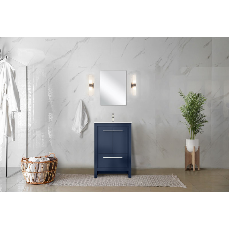 Lafarre 24'' Single Bathroom Vanity with Marble Top with Mirror, Navy Blue, White Cultured Marble