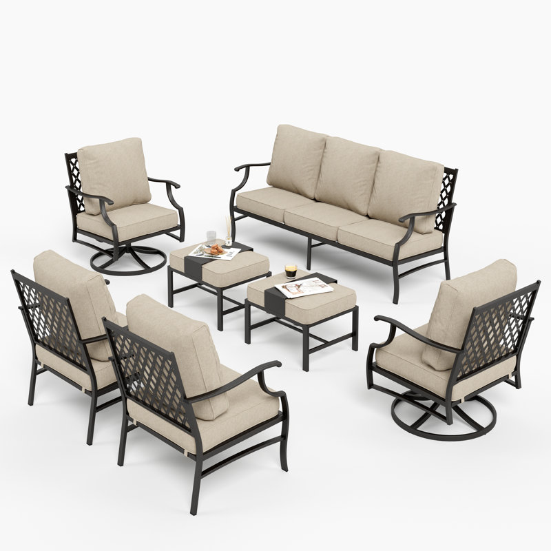Akadian 9-Person Wicker Patio Conversation Set with Swivel Chairs, Cushion Pro Beige Performance Canvas, No