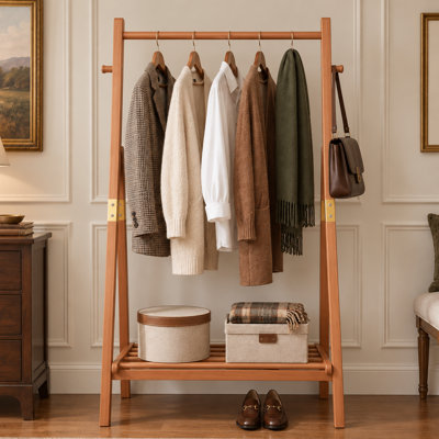 Portemanteau autoportant de 31,90 po de style scandinave minimaliste en bois massif avec tringle de rangement et crochets latéraux pour le vestibule