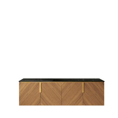 Pierre frittée noire 60 po avec comptoir à motif de pierre et armoire en chêne brun 60 po, sans bassin, sans robinet et couvercle d'évier
