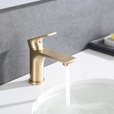 Brushed Gold Wall Mounted Bathroom Lavatory Mixer - Modern Design, Brass, Ceramic Valve, Single Handle, Hot And Cold Switch Available Basin Valve Finish, Solid Mount, Feature