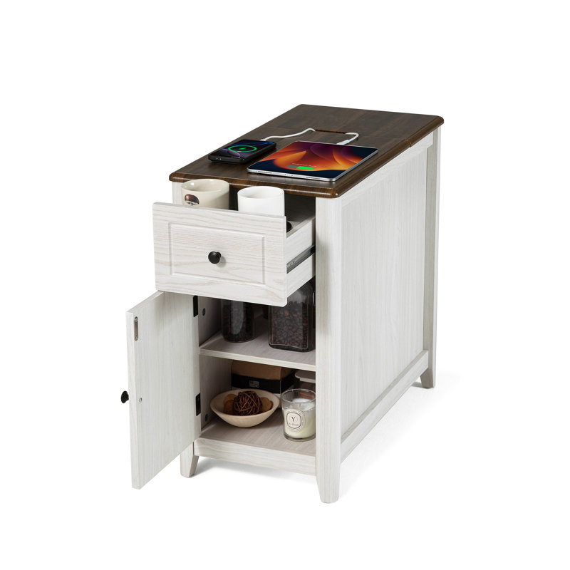 End Table With Storage Charging Station Hidden Usb Ports And Outlet, White