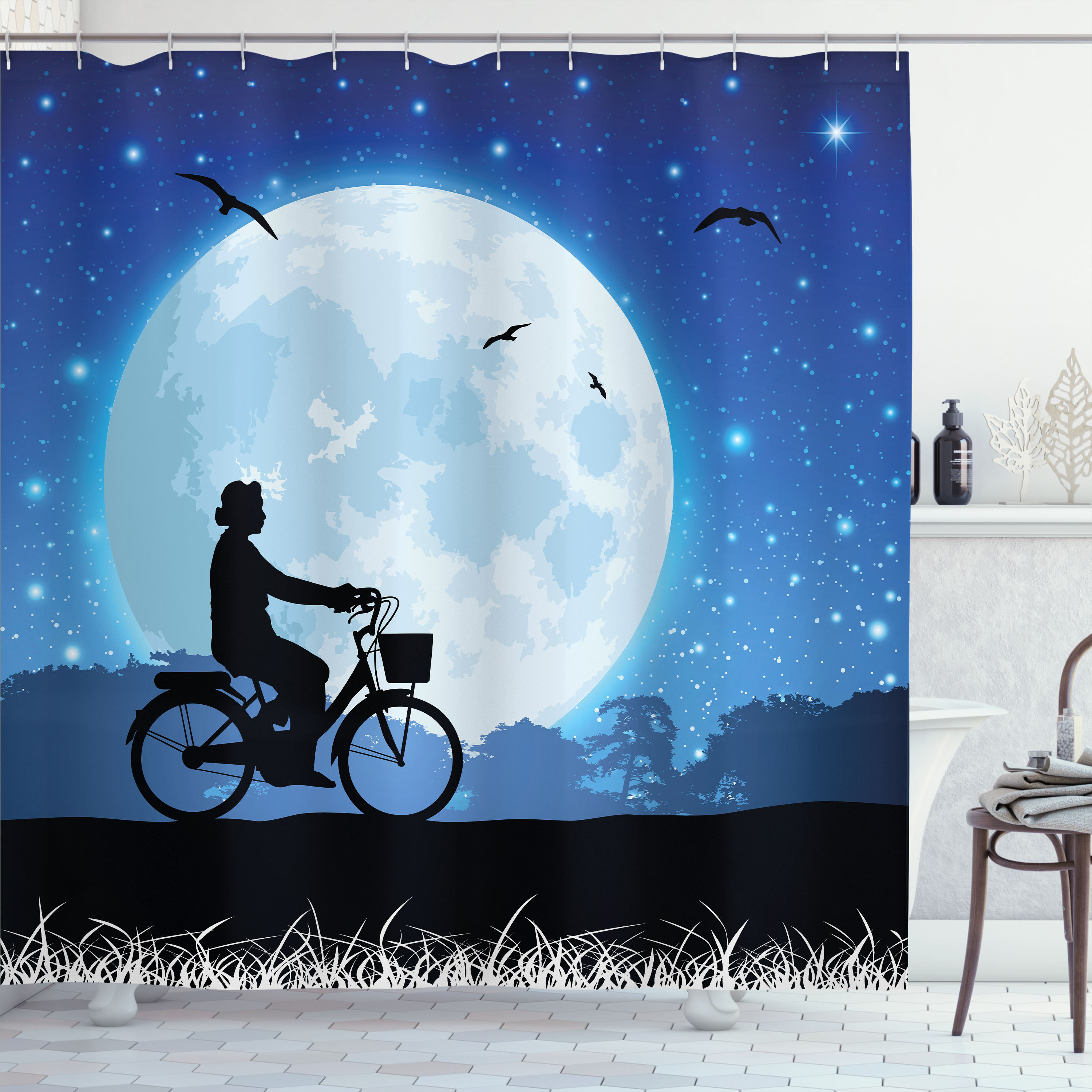 East Urban Home Moon Shower Curtain Person Rides Bicycle Night Blue ...
