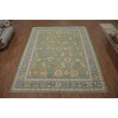 Tapis turc vert à motif floral Oushak 12 x 15