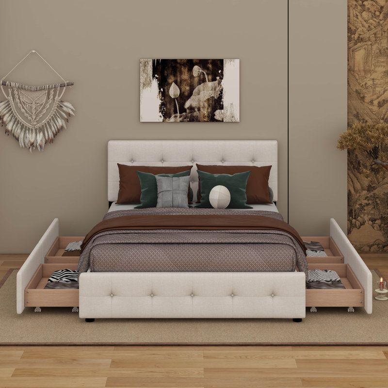 Grand lit plateforme tapissier avec tête de lit classique et tiroirs, Beige