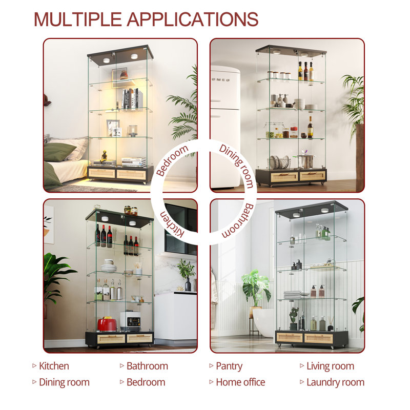 Modern Glass Display Cabinet With 4 Tempered Glass Bookshelf,natural, Black