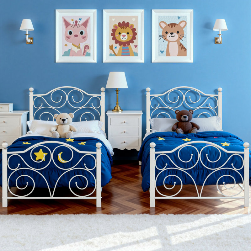 Mouin 2-Piece Metal Twin Bed Frame Set with Decorative Headboard and Footboard, Victorian Style White Platform Bed with Heavy-duty Slats Support, No Box Spring Needed