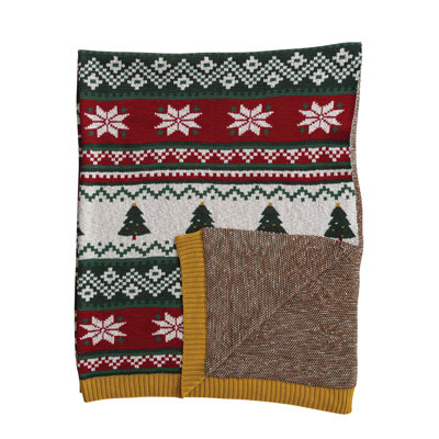 Heirloom Cotton Knit Throw with Festive Trees and Stripes