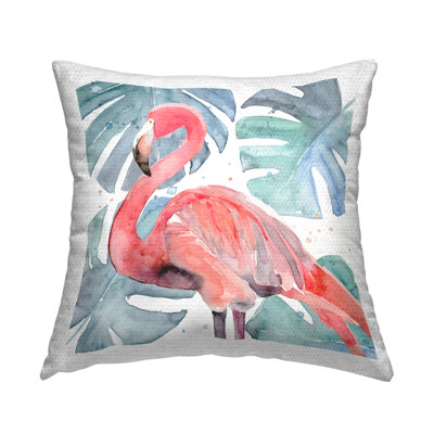 Pink Tropical Flamingo Green Monstera Plant Leaves Outdoor Printed Pillow by Annie Warren