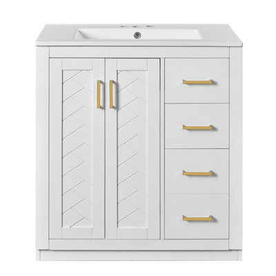 Meuble-lavabo en bois massif avec lavabo en céramique de 30 po, portes à fermeture douce, planches, glissière à tiroir lisse, 3 tiroirs, rangement spacieux, cadre à motif de rainures unique, charnières, motif rétro