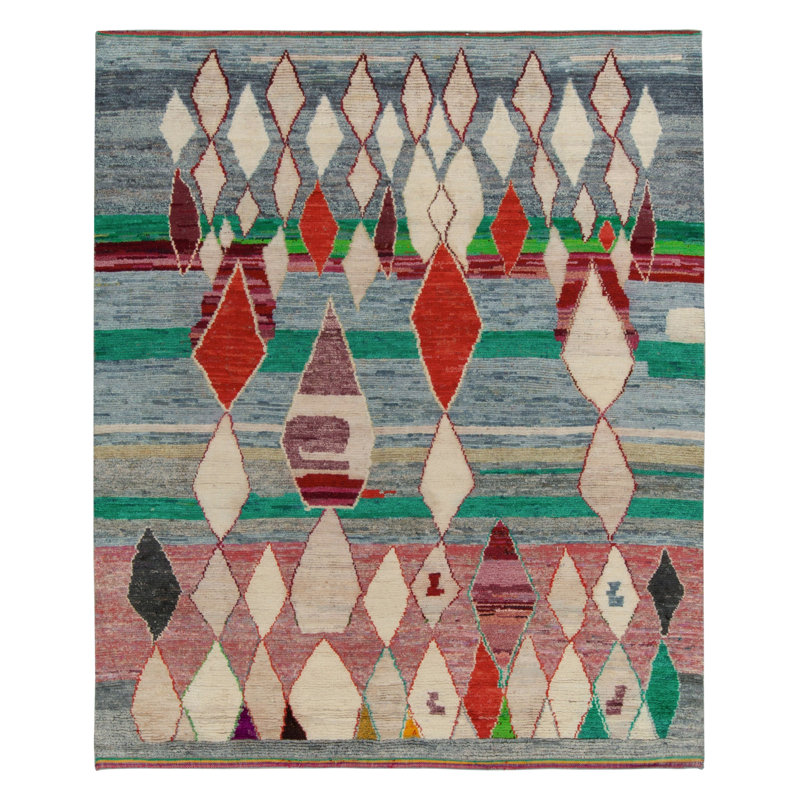 Rug & Kilim’S Moroccan Rug In Blue With Red & White Diamond Patterns, Rectangle 9' x 12'