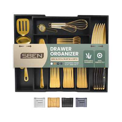 Organisateur de tiroir extensible pour porte-ustensiles, plateau à couverts réglable, 8 fentes, séparateurs de tiroir en bois de qualité supérieure pour l'argenterie, les couverts, les couteaux, le rangement de la cuisine (noir, grand)