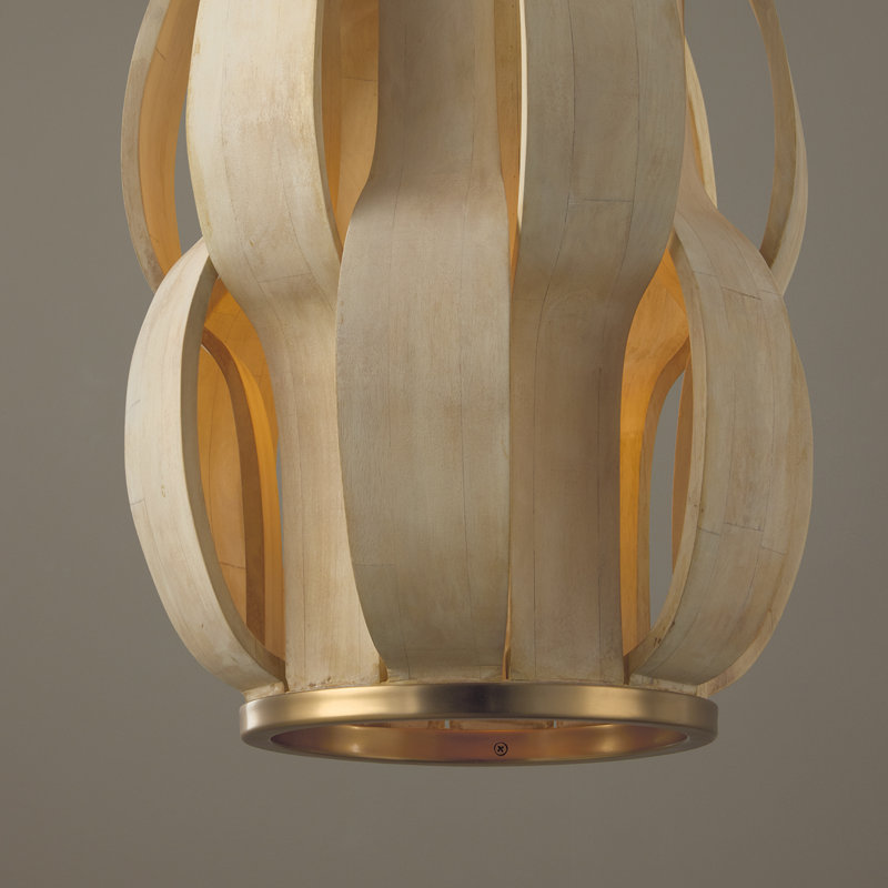 16" W x 21.25" H 1-Light Handcrafted Cylindrical Pendant in Matte Brass with Hand-carved Bleached Mango Wood Panels