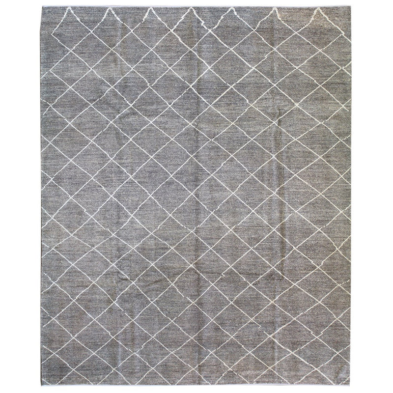Tapis gris en laine noué à la main de conception unique 8 pi 2 po x 9 pi 9 po New Age