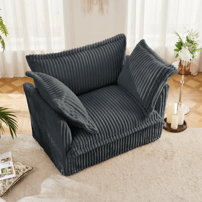 Slip-Covered Armchair With 1 Big Back Cushion And 2 Big Toss Pillows, Single Deep Seat Comfy Single Couch Sofa Multiple Large Soft Pillows, Grey  Corduroy Fabric