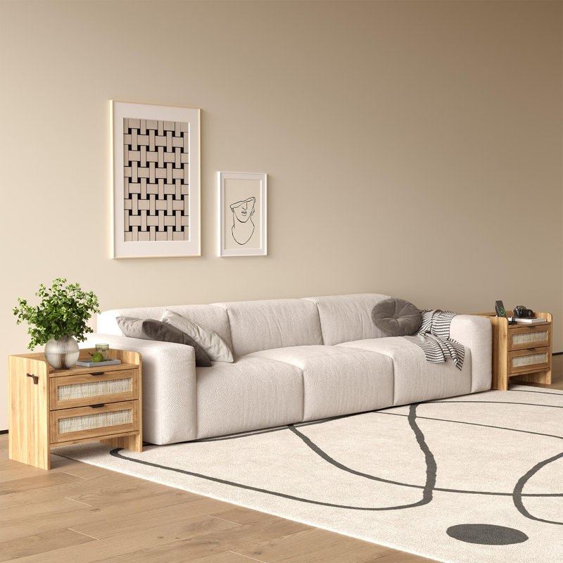 Rattan Nightstand Set of 2, Bedside Table with Type-C Charging Station - 2 Drawer Space, Boho End Table Side Table, Brown