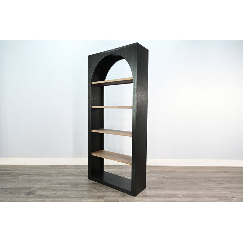  Tall Arched Wood Bookshelf with Open Shelving, Black/Natural