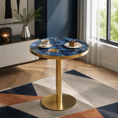 Table bistro ronde de 23,6 pouces, plateau en panneau de fibres à densité moyenne à texture UV, bordure en acier inoxydable, pieds en métal, table basse de luxe moderne et légère