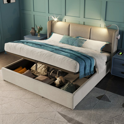 Estella Linen Upholstered Storage Bed With 2 Built-In Lamps