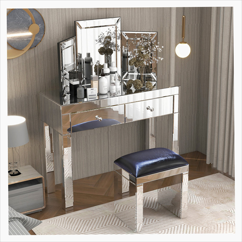Mirror Desktop Dressing Table, 2 Drawer Dressing Table, Suitable for Female and Girl Home Offices