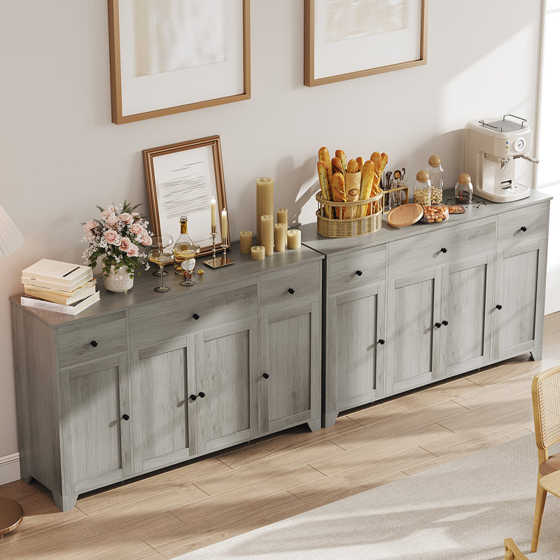 Buffet de 55 po avec rangement, armoire de cuisine minimaliste avec 3 tiroirs et 4 portes, console de style buffet avec tablette réglable pour la cuisine