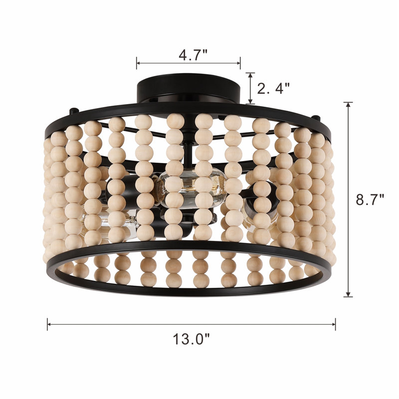 Boho 3-light Wood Beaded Semi Flush Mount Ceiling Light Fixture, Black