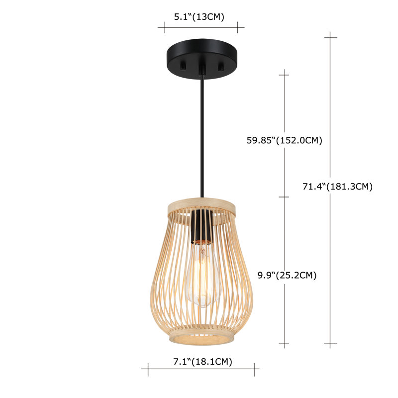 Luminaire suspendu 1 lumière noir mat avec abat-jour en rotin