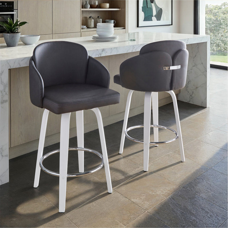 Tabouret de bar à hauteur fixe avec pivot en bois blanc et similicuir noir avec repose-pieds rond chromé - ensemble de 2