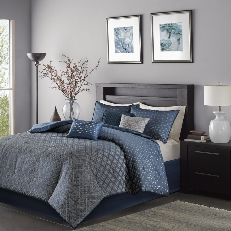 Biloxi Geometric 7 Piece Jaquard Comforter Set, Cal. King Comforter + 6 Additional Pieces, Navy/Gray