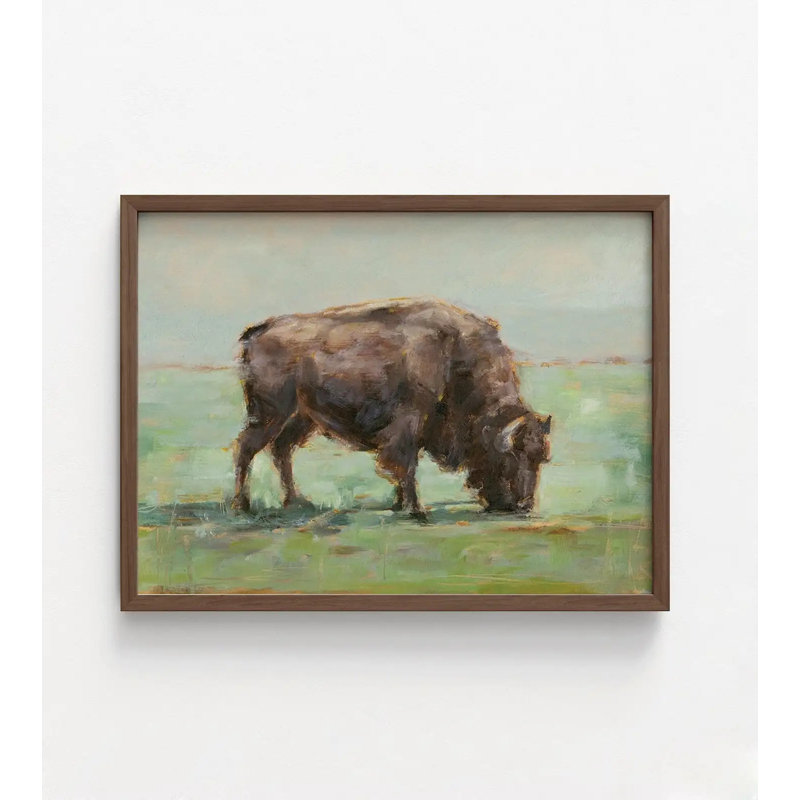 «Where the Buffalo Roam I» par Ethan Harper, peinture à l'aquarelle Buffalo, impression de paysage vert, art animalier de ferme, Ethan Harper Art