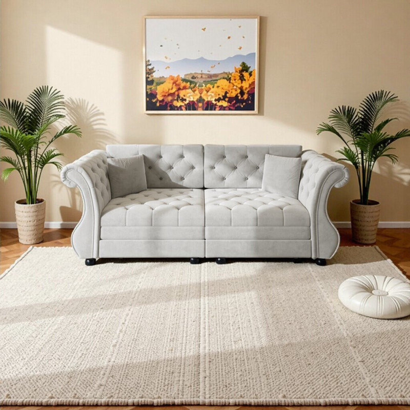 Canapé-lit surdimensionné de 83,8 po Chesterfield, Gris clair