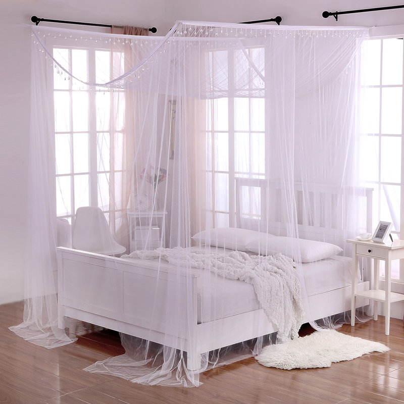 White Polyester Square 4-Post Bed Canopy with Mosquito Netting