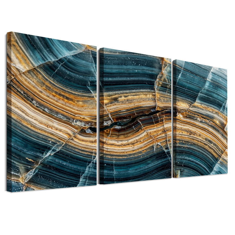 Ensemble de 3 tableaux sur toile représentant des sections transversales d'agate à bandes bleues et brunes