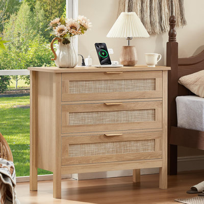 Table de chevet en rotin 3 tiroirs avec rangement, table de chevet en bois de style bohémien pour chambre à coucher et salon