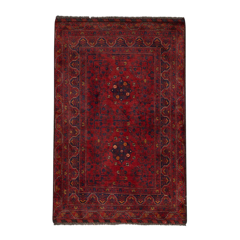 Tapis rouge / bleu marine / brun en laine noué à la main de conception unique 3 pi 2 po x 5 pi
