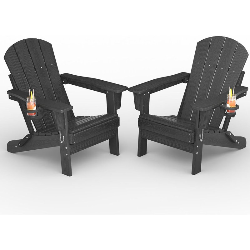 Folding Adirondack Chair Set of 2 , All-Weather HDPE Outdoor Chair, Wooden Textured with Cup Holder for patios, Decks, Gardens, fire pits,Black