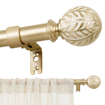 Boho Wood Curtain Rod, 1” Dia. Adjustable Heavy Duty Drapery Rod with Imitation Wood Grain & Leaf Pattern Finials, Rustic Farmhouse Style for Windows 32-86 Inch, Champagne