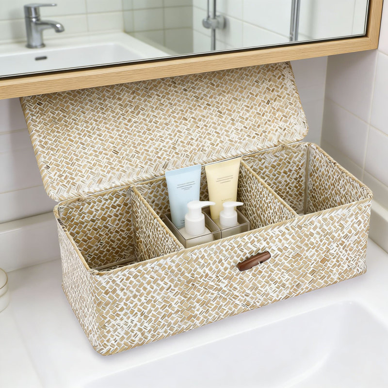 Panier de rangement en ruppie tissée à la main avec couvercle, organisateur à 3 sections pour la salle de bain, le réservoir de toilette, la cuisine et la décoration intérieure