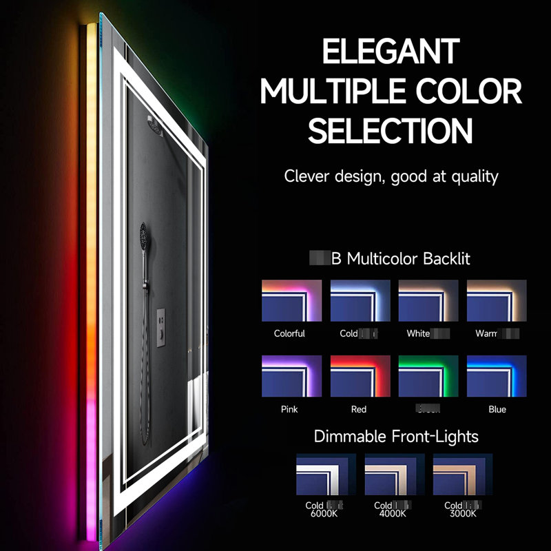 Miroir de salle de bain 55 x 36 pouces à DEL, rétroéclairage intelligent, luminosité réglable, 3 choix de température de couleur, mode brouillard avec arrêt automatique, commande de l'interrupteur mural, Ul, miroir en verre trempé de 5 mm, réglable